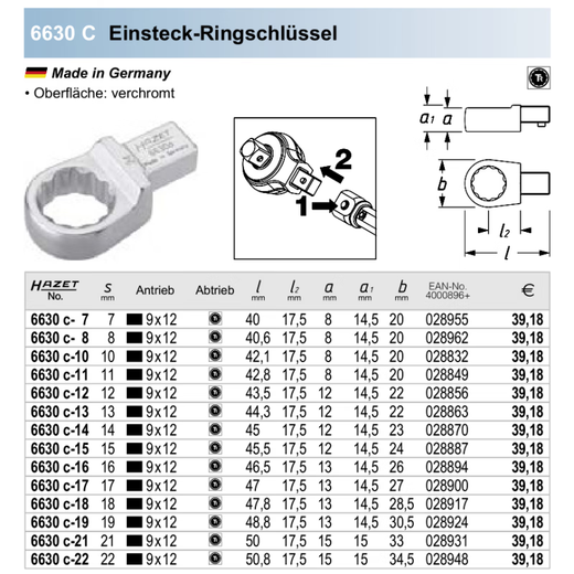 Cabezal de llave de anillo de enchufe de hazet 6630d-16 17 21 19 Cabezal de torque original 6630d-13 4-6 semanas 14x18 Cabeza cuadrada