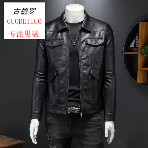 
Pier Cardin trendy personalized lapel motorcycle suit leather jacket men autumn Korean version handsome PU men leather jacket fashionable casual 7170 black 2XL