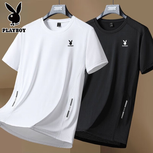 花花公子（PLAYBOY）夏季冰丝速干透气专柜青年运动百搭短袖T恤/2件 舒适亲肤  深灰+黑色冰丝短袖两 XL 建议【115-125斤】