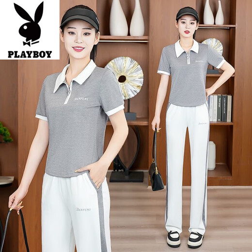 花花公子（PLAYBOY）休闲运动套装女夏季2025新款女士洋气减龄短袖阔腿裤跑步服两件套 黑色【两件套】-旗舰款 M 【建议95斤以内】