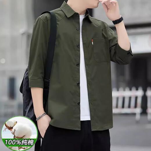 恒源祥夏天七分袖衬衫男新款纯棉衬衫男士大码潮流休闲工装衬衣外套男装 LYC-Q6626七分 袖【咖啡】 M