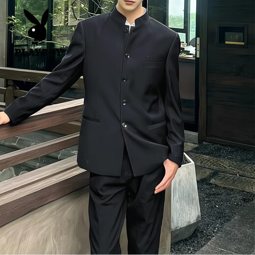 Playboy (PLAYBOY) dk uniform new Chinese style stand-collar tunic suit for men, a complete set of spring and autumn trendy slim shoulder pads, Chinese style suit jacket, tunic suit, white shirt, trousers (free black collar 5XL