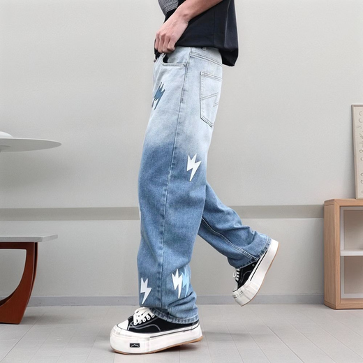 Patch Lightning Men's 2025 Marca de celebridades de Internet Retro American Retro europeo y americano a la moda suelta los pantalones de pierna ancha azules y blancos 1315-6 XL recomendado 145-165Jin [Jin iguala 0.5 kg]