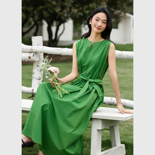 Vanciman French 100% cotton dress for women 2025 summer new high-end waisted sleeveless vest long skirt A1656 Scheller Green XL