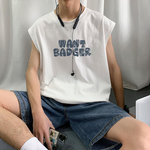 Long night men's vest pure cotton pure cotton vest men's summer 2025 new ins trendy brand Hong Kong style sports and leisure teenagers [3937-digit 7] White M 80-110Jin [Jin equals 0.5 kg]