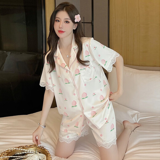 
Fox Fairy Summer Pajamas for Women Ice Silk Short Sleeve Trousers Sweet Peach Summer Thin Two-Piece Set FS_9905# Cardigan Short_Peach M