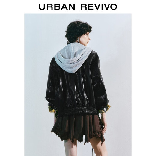 UR2025 Autumn New Women's Fashion Retro Modern Contrast Color Hooded Leather Jacket UYL150030+ Black M