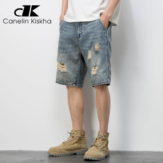 Canelin Kiskha American casual retro beggar ripped men's denim shorts men's loose trendy cropped pants summer thin mid-sized pants blue 719 size 29
