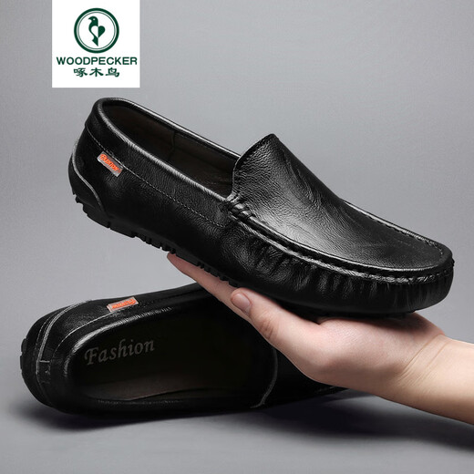 
Woodpecker's high-end summer new black bean shoes men's genuine leather British casual leather shoes hollow breathable lazy shoes 9901 black [hollow] 38