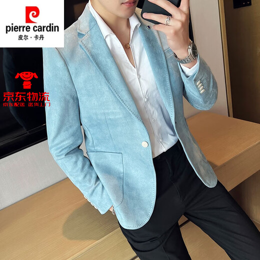 皮尔卡丹西服男不起褶抗皱免烫修身西服麂皮绒小西装英伦高级感男外套 9928黑色 M 适合115斤下