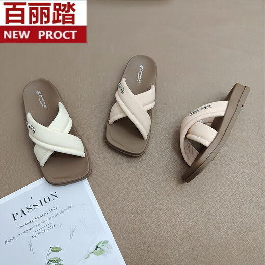 百丽踏夏季舒适拖鞋女2025新款网红平底凉拖女鞋百搭交叉带一字软底凉拖 粉红色 ZN9732 36