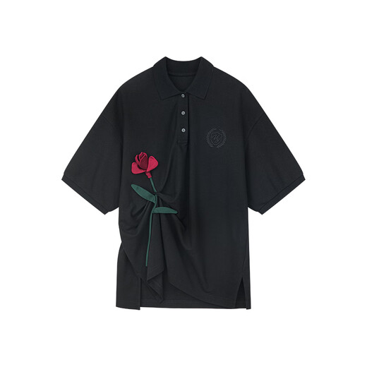 Uooyaa/wuya 2025 Herbst Neue lässige Blume handgefertigtes Rosenpolo -Hemd schwarz m