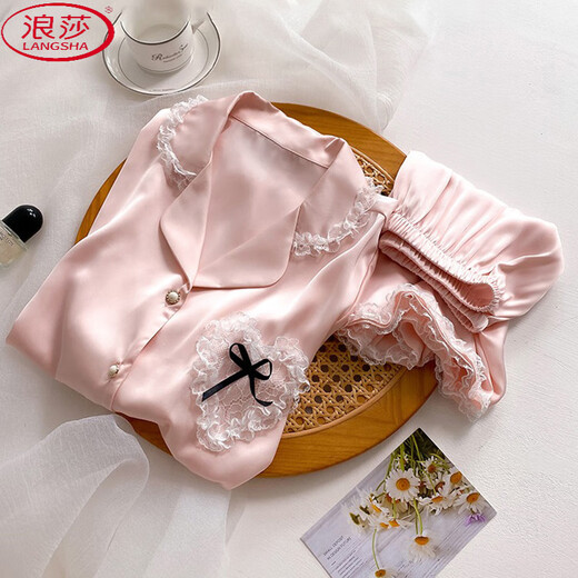 
LangSha (LangSha) ice silk pajamas for women in spring and summer thin cool shorts ins sweet lace lace home clothing set YFY-9904 [high-quality silky fabric] M [recommended 80-100Jin [Jin equals 0.5 kg]]