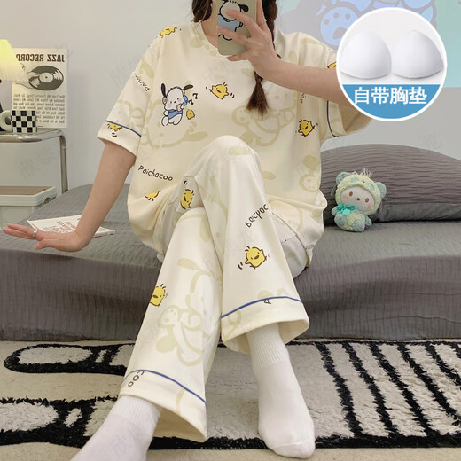 Chuangjingyi chose pajamas with chest pads for women in spring and autumn short-sleeved trousers for winter cute cartoon suits for summer sweet ladies home clothes XYL-9207# [with chest pads] M [85-100Jin[Jin equals 0.5 kg]]