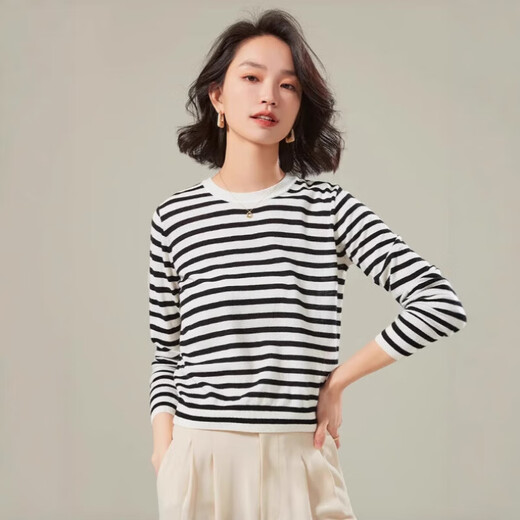 
ROMON (ROMON) sweater for women 2025 spring and autumn 100% worsted pure wool sea soul shirt contrast striped casual and versatile fashion sweater classic black M [recommended 100-120Jin [Jin equals 0.5 kg]]