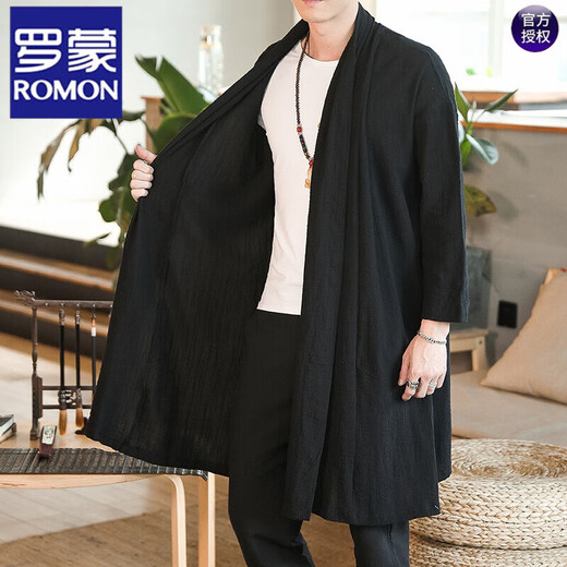 ROMON Chinese Hanfu long cloak youth robe thin Zen style coat cloak retro windbreaker cloak for men black L