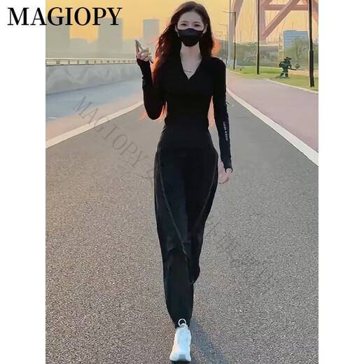 MAGIOPY国际奢侈高档品牌跑步休闲运动套装女春季修身收腰显瘦v领黑色长 黑色两件套 S(100斤以内)