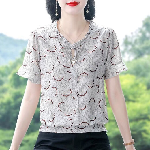 时尚印花夏装新款宽松遮肚子小衫高端洋气妈妈上衣短袖雪纺衫女士 花色 M 【建议90-100斤】