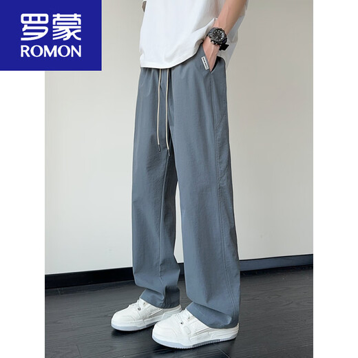 
ROMON men's pants summer thin mesh breathable straight ice silk pants for boys gray American quick-drying pants casual trousers 6636 black + 6636 military green M