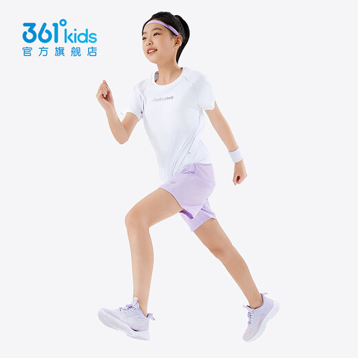 361°迅干科技童装男女童短袖夏季新款儿童速干衣舒适透气运动上衣 本白/吉利紫 140 CM
