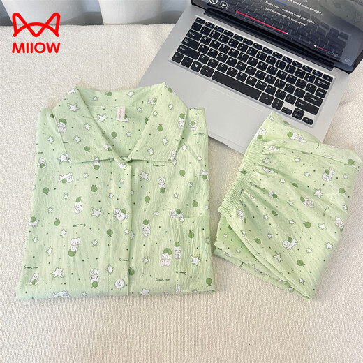 Catman (MiiOW) summer fresh cloud pure cotton yarn pajamas for women in summer short-sleeved student cute cardigan three-piece set home clothes Yunduo Cotton-9905# black love three-piece set M [Suggestion 75-100Jin [Jin equals 0.5 kg]]
