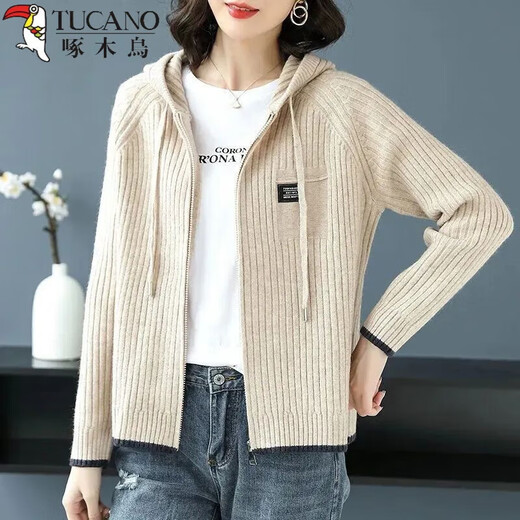 
Woodpecker's new knitted sweatshirt for women with hooded Korean style zipper sweater cardigan baseball uniform jacket hoodie women's outer wear spring and autumn navy blue XS