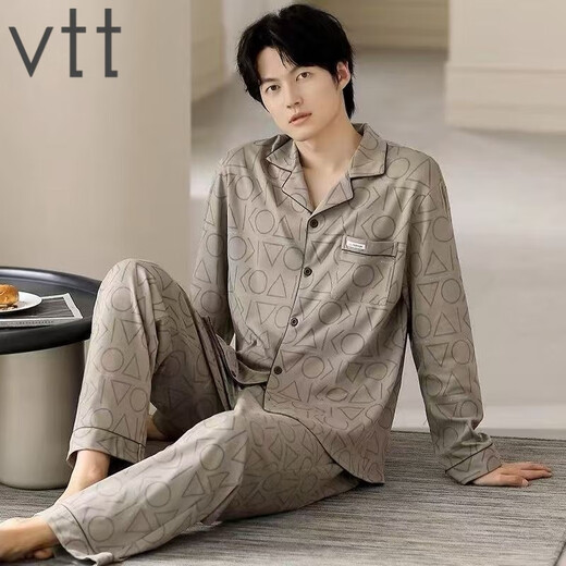 VTT男士睡衣男款春秋款2025新款纯棉长袖秋冬款秋季家居服套装 V长袖套装：OMM12026 坑条 L