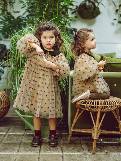 LELE JOV Elelejove Nordic style girls' crew neck shirt spring and autumn style princess mesh top baby girl sweet baby doll shirt light golden brown 90 cm