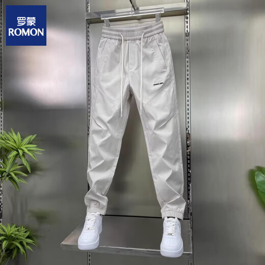 罗蒙（ROMON）夏季新款时尚百搭休闲裤男士速干薄款束脚裤潮流宽松痞帅哈伦裤子 灰色 M (85-105斤)