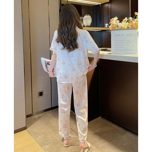 Peach Lace Pajamas Summer Ice Silky Sweet Home Set YFY9905# [Short Sleeve Trousers] XL [Suggested 115-130Jin [Jin equals 0.5 kg]]