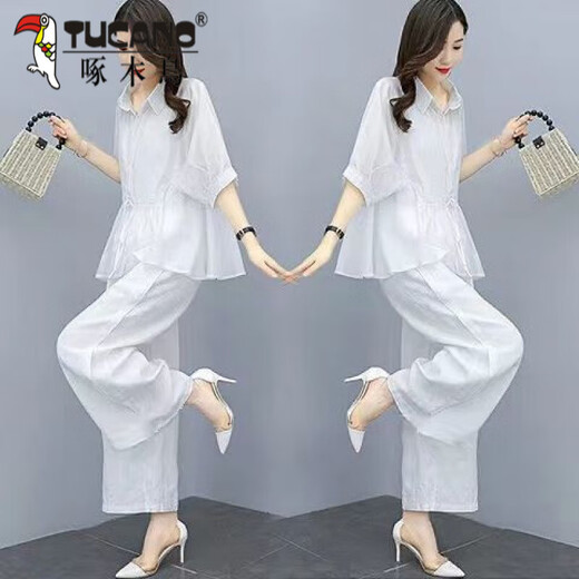 啄木鸟品牌休闲套装女2025夏季新款时尚洋气高端棉麻阔腿裤衬衫亚麻 浅灰蓝上衣+白裤【套装/优品质】 L 【建议110-125斤】