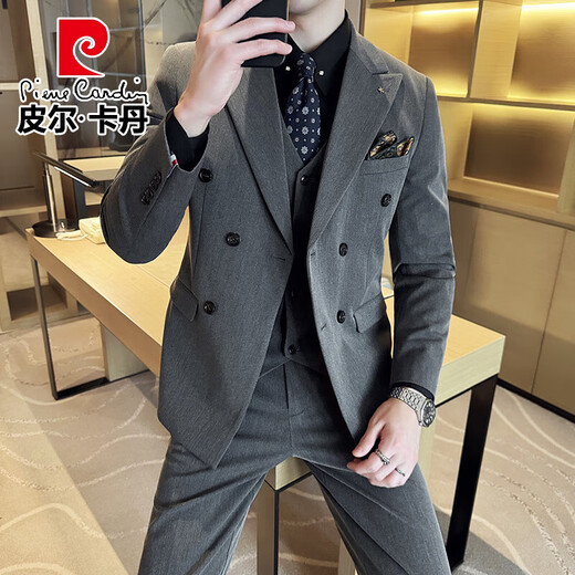 Pierre Cardin groom wedding suit men's peaked lapel slim dress business professional formal double-breasted suit men black three-piece suit XL (suitable for 126-140 Jin Jin equals 0.5 kg)