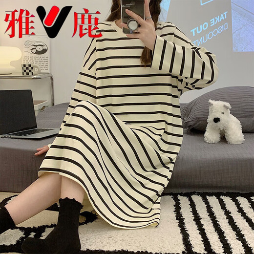 雅鹿带胸垫睡裙女纯棉长袖可爱公主风网红大码睡衣宽松2025新款春秋季 CK-16857 M 【带胸垫可拆卸】
