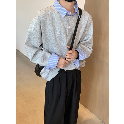 Pugesi (PUGESI) fake two-piece lapel long-sleeved shirt for men in autumn versatile layered henley shirt casual jacket gray M