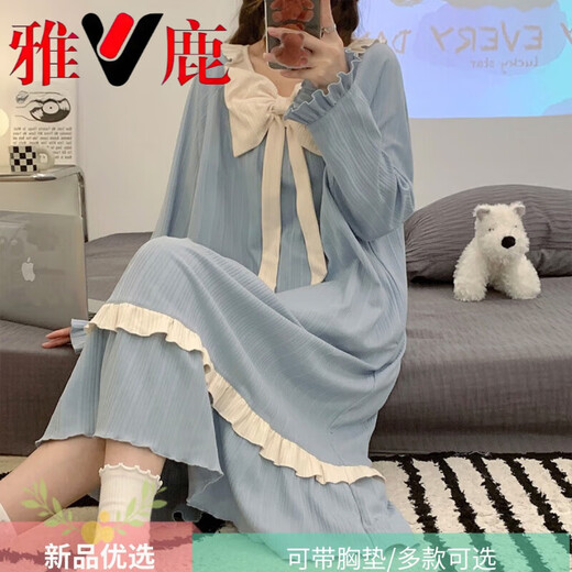 雅鹿带胸垫睡裙女纯棉长袖可爱公主风网红大码睡衣宽松2025新款春秋季 CK-16857 M 【带胸垫可拆卸】