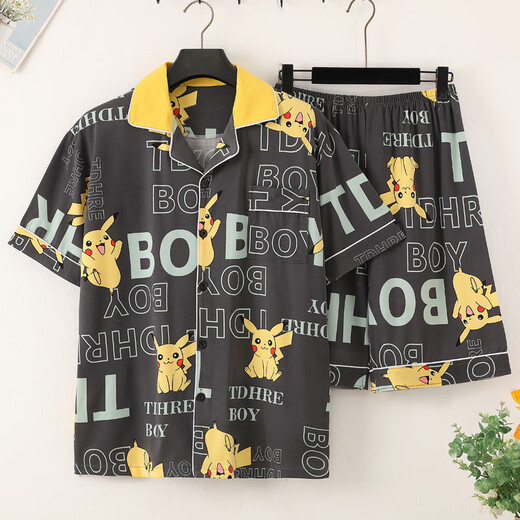 
He Jiagong summer short-sleeved thin imitation cotton pajamas men's home clothing suit summer cartoon print Korean version handsome young man 3271 short-sleeved suit M (70-100Jin [Jin equals 0.5 kg])