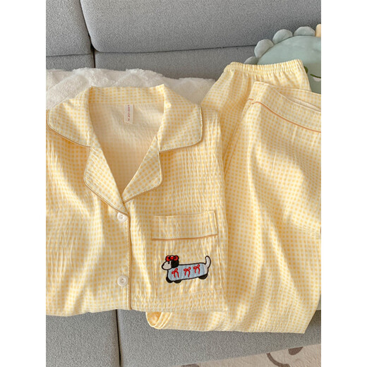 Arctic velvet dachshund dog pajamas for women 2025 new summer pure cotton gauze short-sleeved three-piece suit cardigan cotton silk home clothes Yunduo Cotton-9905# black love three-piece set M [Suggestion 75-100Jin [Jin equals 0.5 kg]]