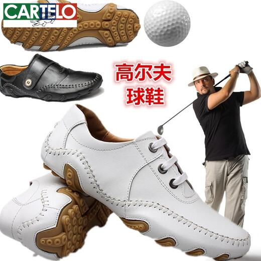 CARTELO genuine leather golf shoes lightweight men's shoes GOLF breathable waterproof anti-slip toe layer cowhide casual sports shoes white lace 42