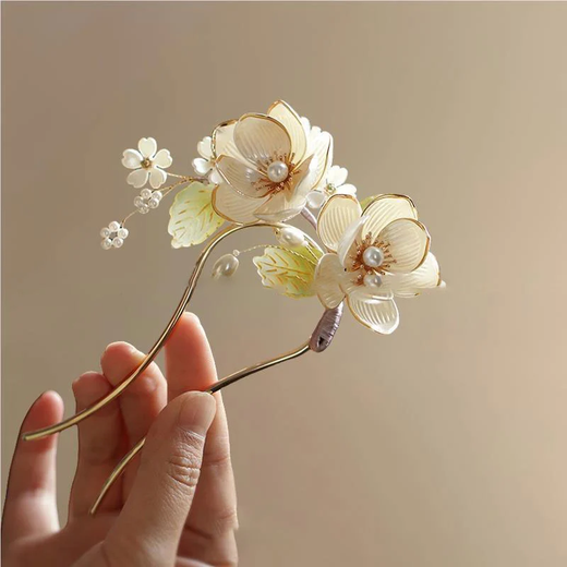 Joy of Two Worlds White Magnolia U-shaped Hairpin Hair Accessories Women's 2025 New High-end New Chinese Style Chinese Style High-End Cheongsam Hairpin White Magnolia Flower U-shaped Hairpin