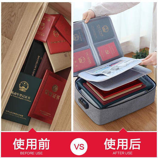 翰鸥斐家庭证件收纳包多层家用大容量文件护照包多功能旅行防水档案整理 单层灰色（无锁）