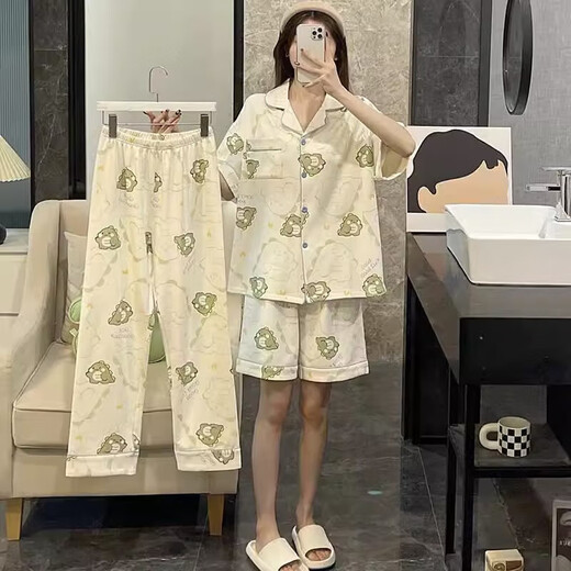新款夏季睡衣女短袖ins风外穿网红可爱卡通小恐龙家居服三件套装 套WZL1473 M 【建议80-100斤】