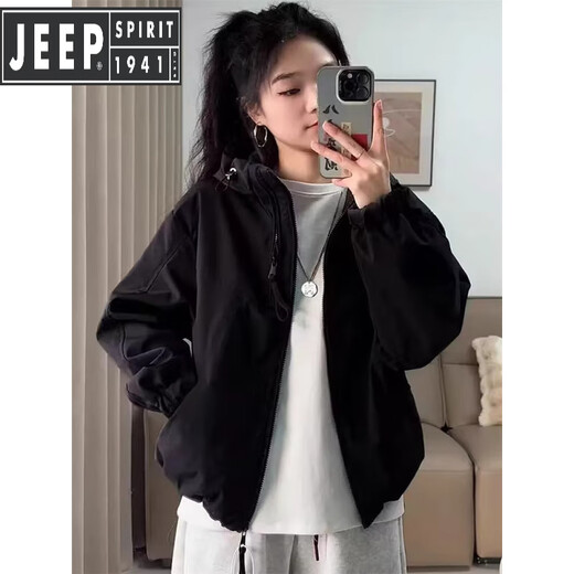 JEEP SPIRIT蓝色双拉链冲锋衣外套女2025春季新款小个子宽松休闲短款夹克 浅蓝色 【原版】 M 建议90-118斤
