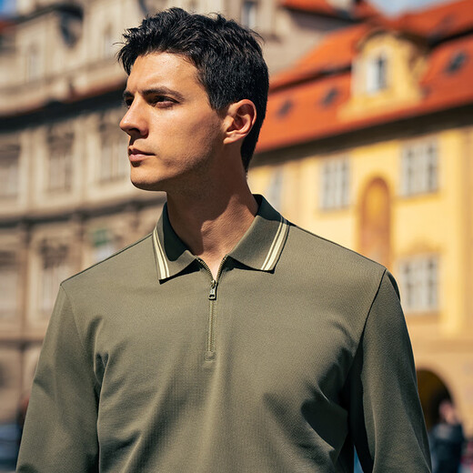 Mr. Bu Lapel Zipper Long Sleeve T-Shirt Men's 2025 Autumn New Business Casual Solid Color Top Men's BT16865 Olive Green L (175)