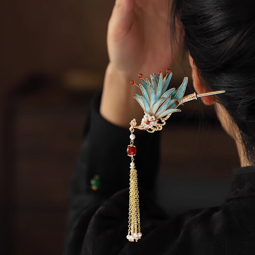 Shijun (SHIJUN) wedding golden phoenix hairpin, imitation velvet flower, ancient style filigree hairpin, new Chinese style cool Song Guanfeng hairpin dress cheongsam, the same reverse side can be used on the left and right