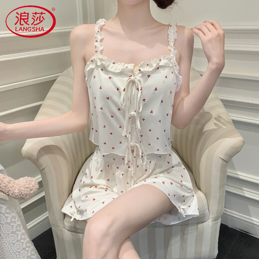 Langsha Pajamas de suspensión de alta gama para mujeres con una almohadilla del cofón de hielo delgada de dos piezas Sweet Sexy Sexy Pure y Deliciced Small Floral Home Ropa KZ7371 Red Cherry L