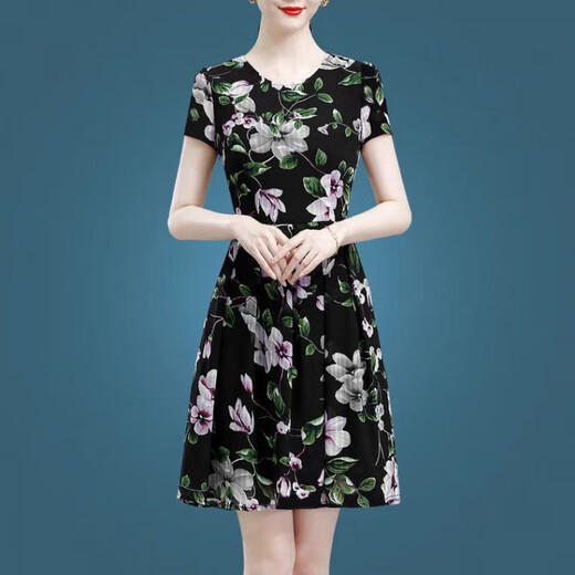 Woodpecker ice silk dress 2025 new high-end women's clothing temperament age-reducing short-sleeved middle-aged mother summer skirt women's summer ice silk 9905 skirt M 100Jin Jin is equal to 0.5 kg within