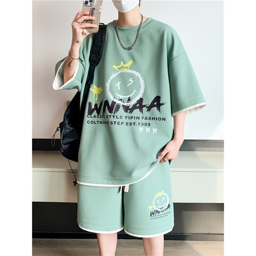歌古森夏季运动套装男孩时尚潮流12-15岁青少年初中生短袖短裤学生男装 9928米色 M 80-100斤可穿