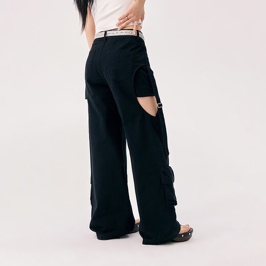 Chuu Hollow Wide-Beine-Freizeithose für Frauen 2025 Sommer Neues Produkt gefälschte zweiteilige Spleißhänge-Hänge-Taschen-Langhose Black 26