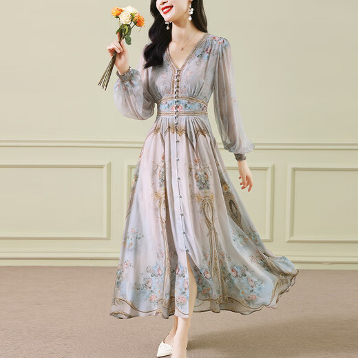 HomeSee à l'étranger Luxury Luxury Robe haut de gamme Silk Femme Femme Jupe à tempérament à la mode Mulberry Silk Retro Jupe imprimée Abricot Color S [Condevance <105] Jin [Jin est égal à 0,5 kg]