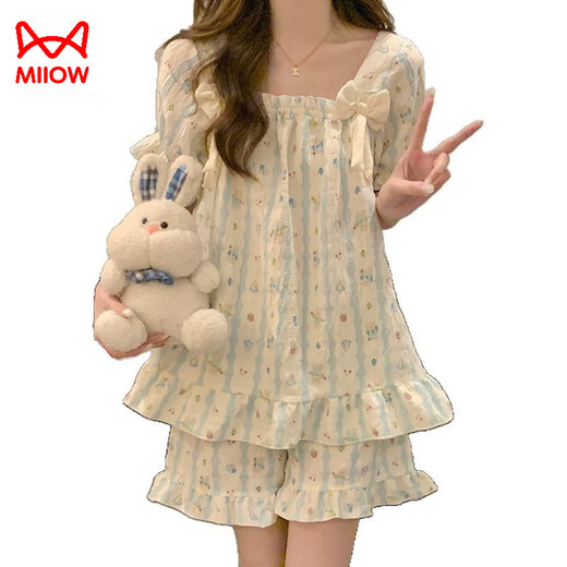 Cat men women's pajamas in summer with chest pads and shorts shorts two-piece set of sweet princess-style home clothing set for outside wear X9902-1 M